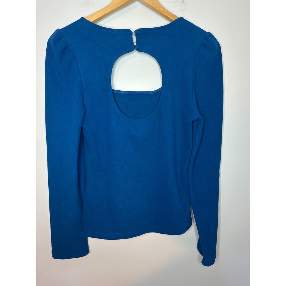 FRNCH Raissa Top Long Sleeve Blue Size M Cut Out Back Puff Sleeve Button Close - Picture 4 of 9